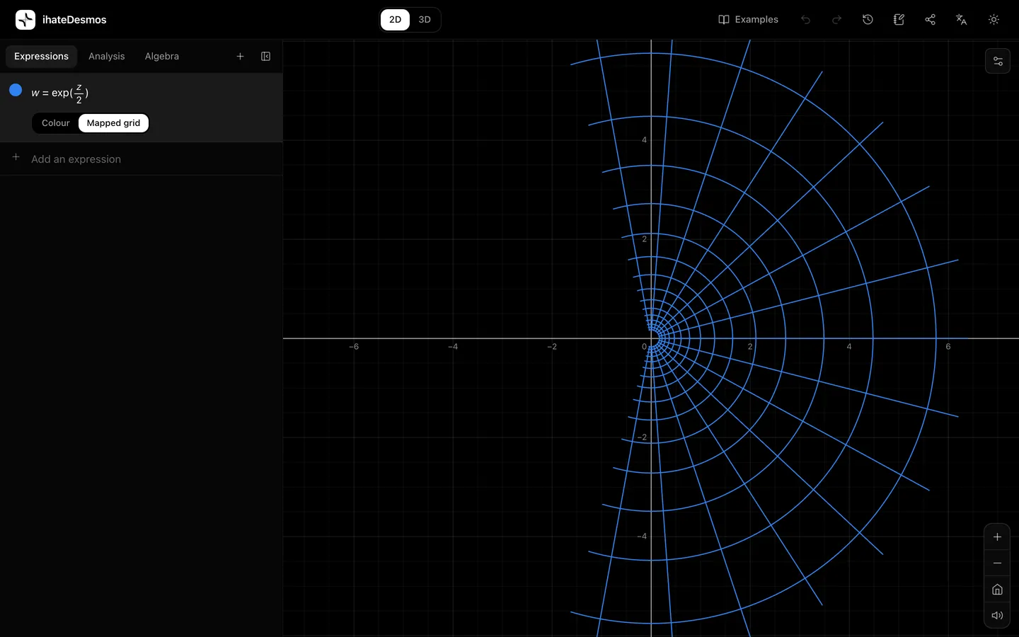 The image of a square grid under the map w = exp(z/2), showing curved lines that still meet at right angles