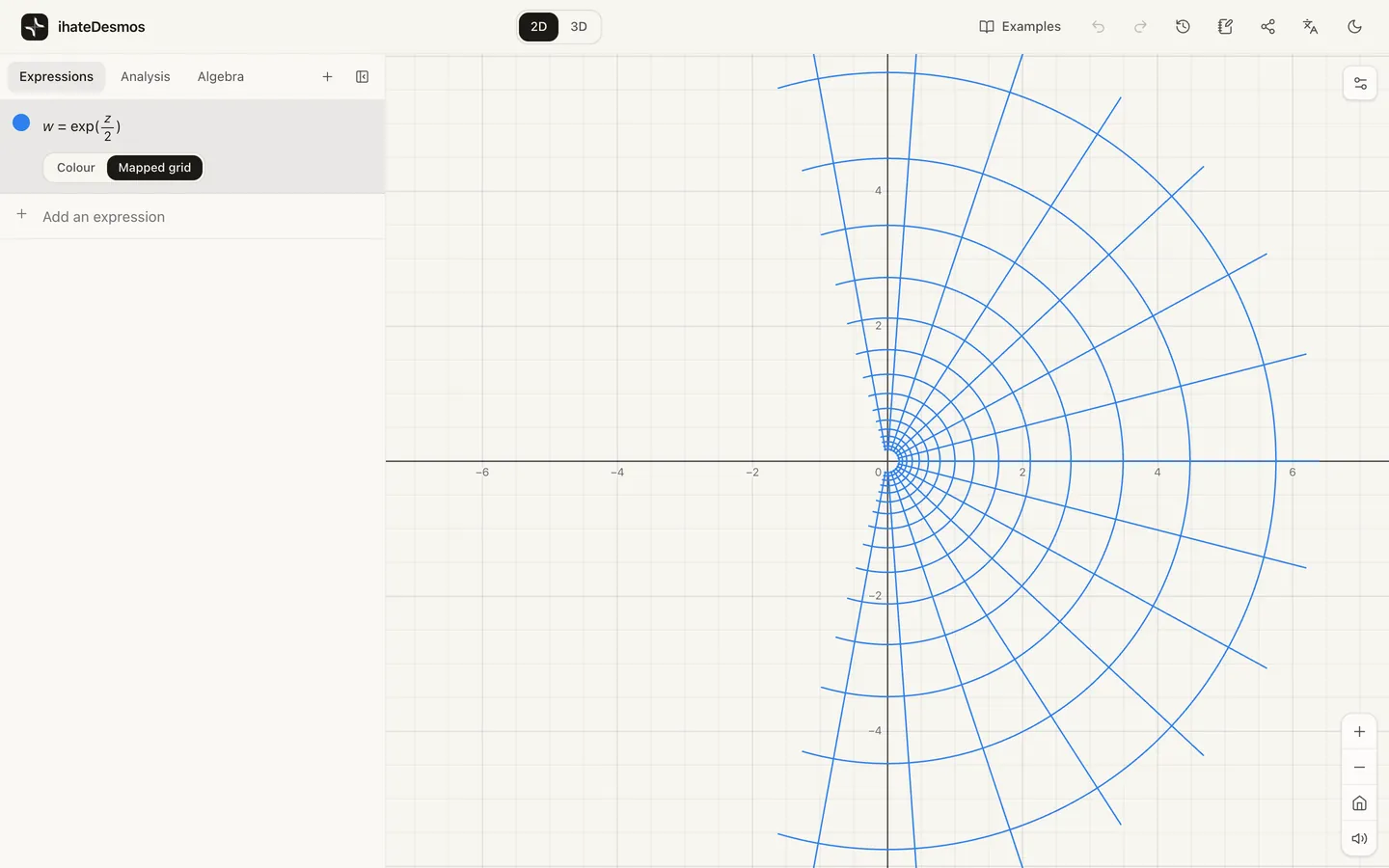 The image of a square grid under the map w = exp(z/2), showing curved lines that still meet at right angles