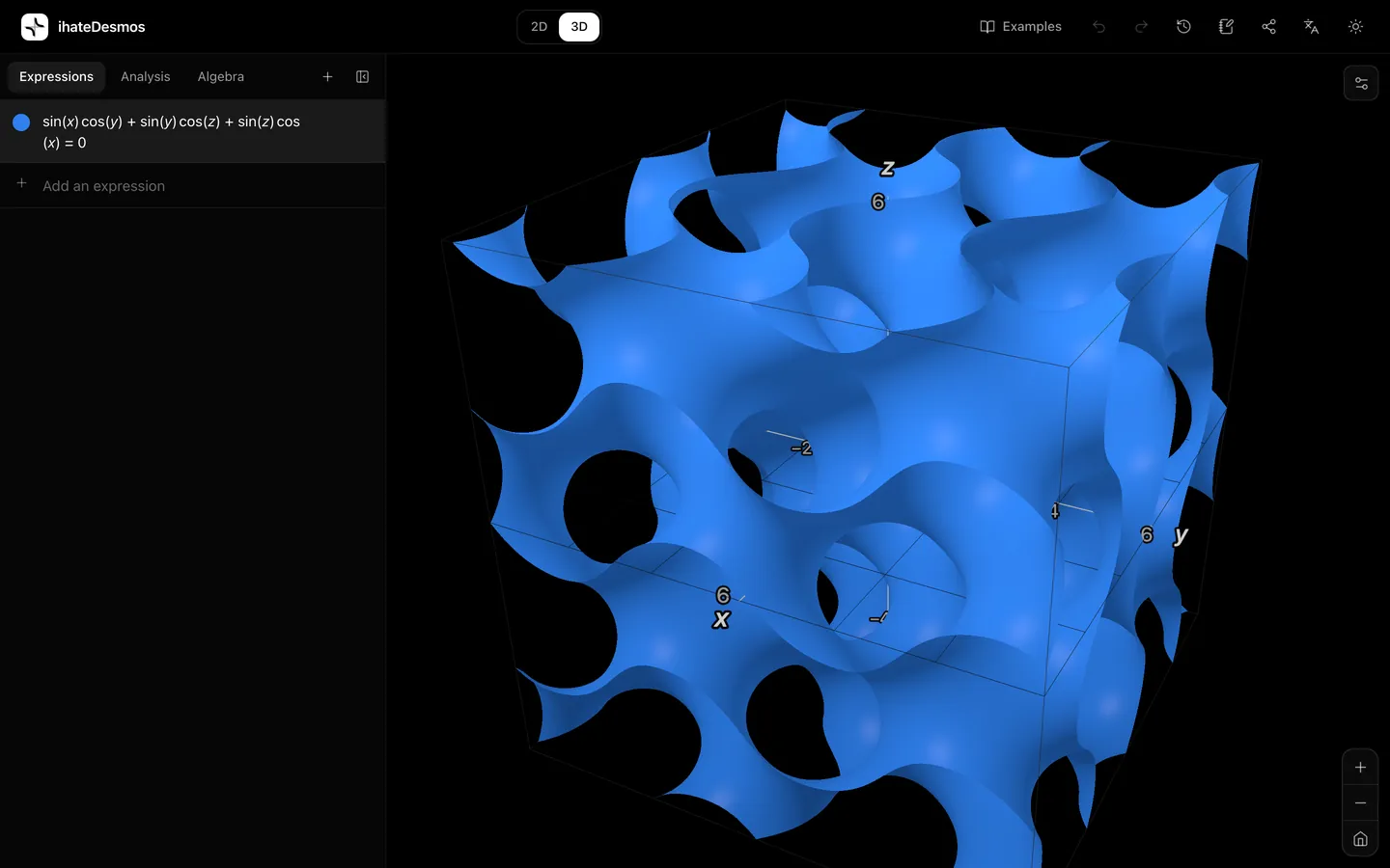 A gyroid surface, sin x cos y + sin y cos z + sin z cos x = 0, rendered in 3D