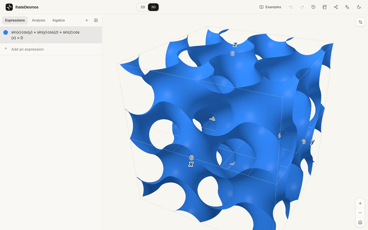 A gyroid surface, sin x cos y + sin y cos z + sin z cos x = 0, rendered in 3D