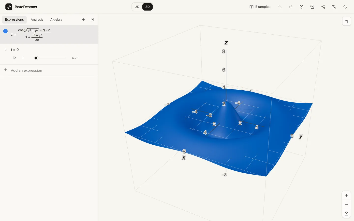 The ihateDesmos calculator showing a 3D ripple surface z = cos(√(x² + y²) − t) · 2 / (1 + (x² + y²)/20) next to its typeset expression list, with a slider for t