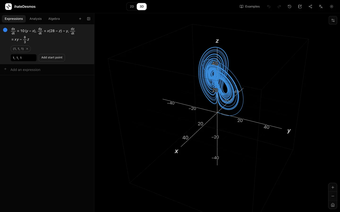 The Lorenz attractor, a double spiral resembling butterfly wings, drawn in 3D from the Lorenz equations