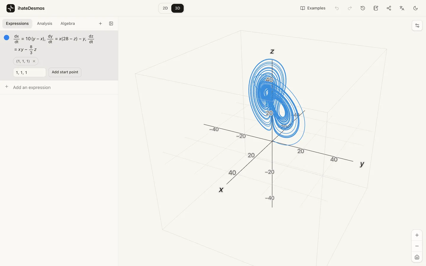 The Lorenz attractor, a double spiral resembling butterfly wings, drawn in 3D from the Lorenz equations