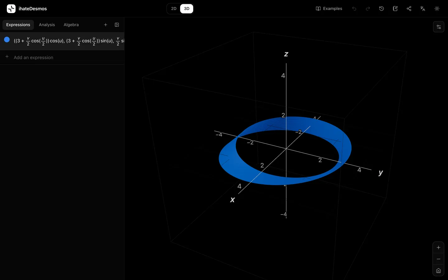 A Möbius strip drawn in 3D from its parametric equation