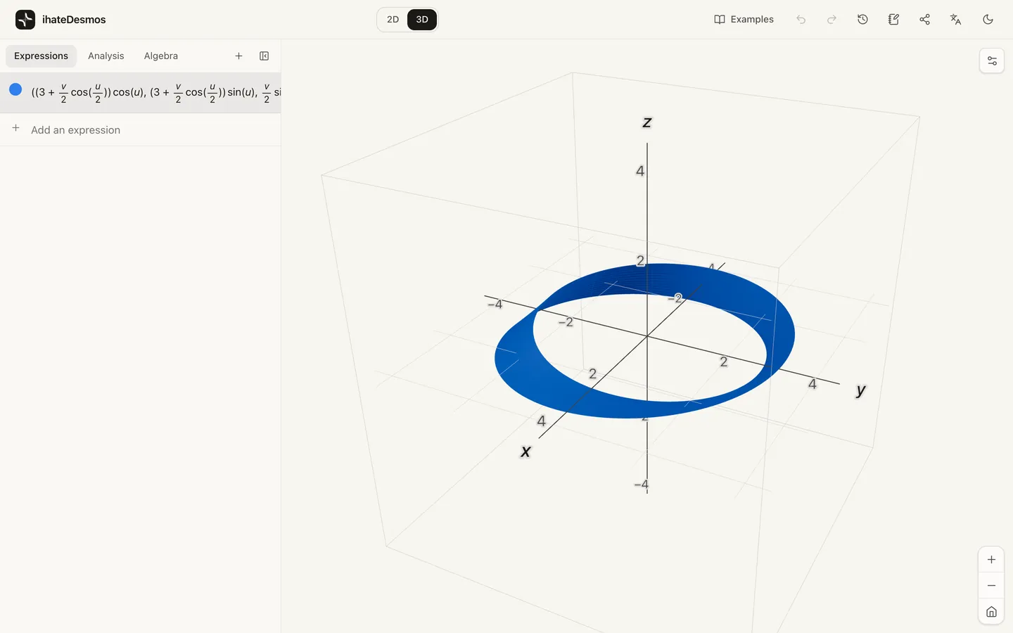 A Möbius strip drawn in 3D from its parametric equation