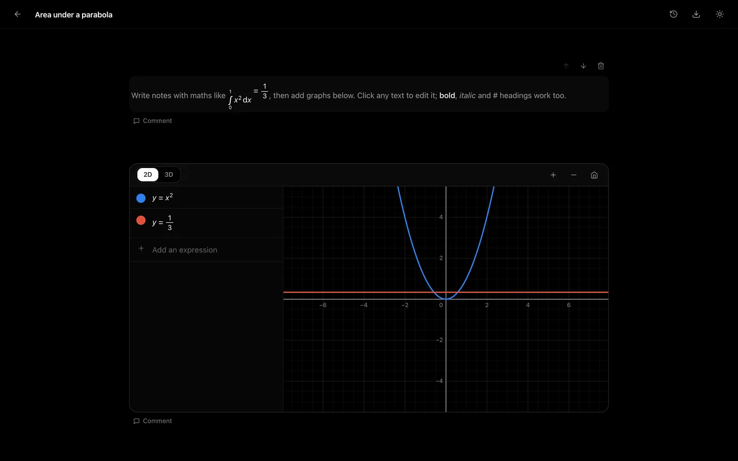 A notebook with a paragraph of typeset maths above a live graph of y = x² and y = 1/3