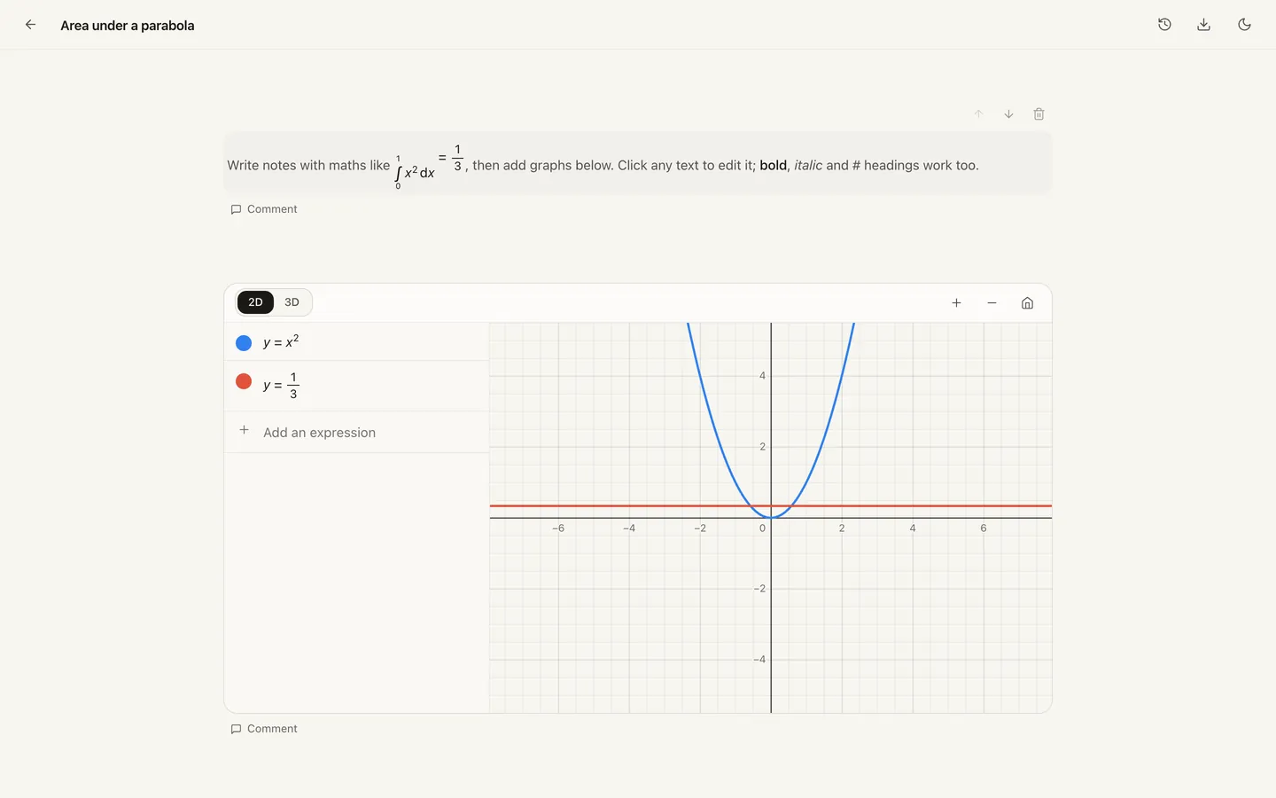A notebook with a paragraph of typeset maths above a live graph of y = x² and y = 1/3
