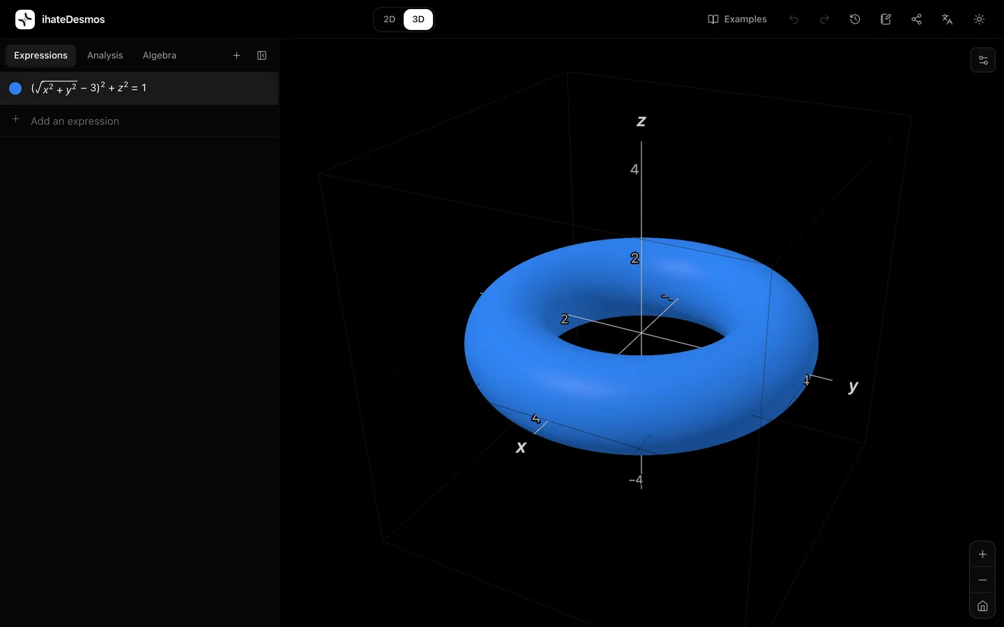 A torus drawn in 3D from its implicit equation