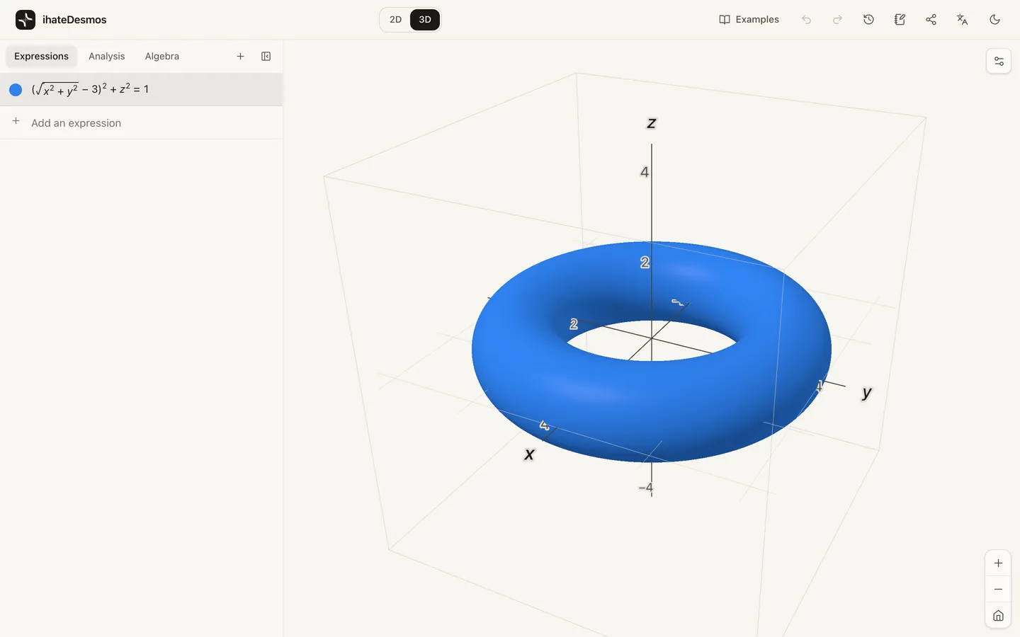 A torus drawn in 3D from its implicit equation